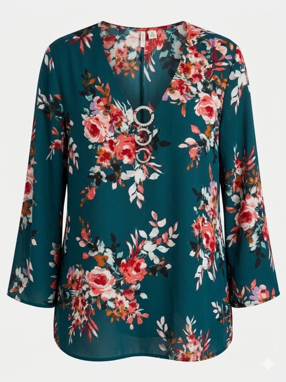 EST 1846 Women's blouse green floral with metal details XL